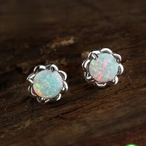 925 Sterling Silver Synthetic Opal Flower Stud Earrings 11mm Iridescent Round